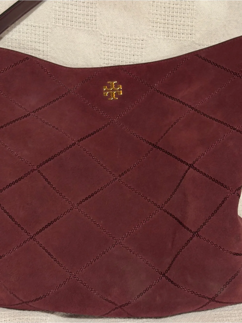 Tory Burch Burgundy Freida Quilted Shoulder Bag with Gold Logo